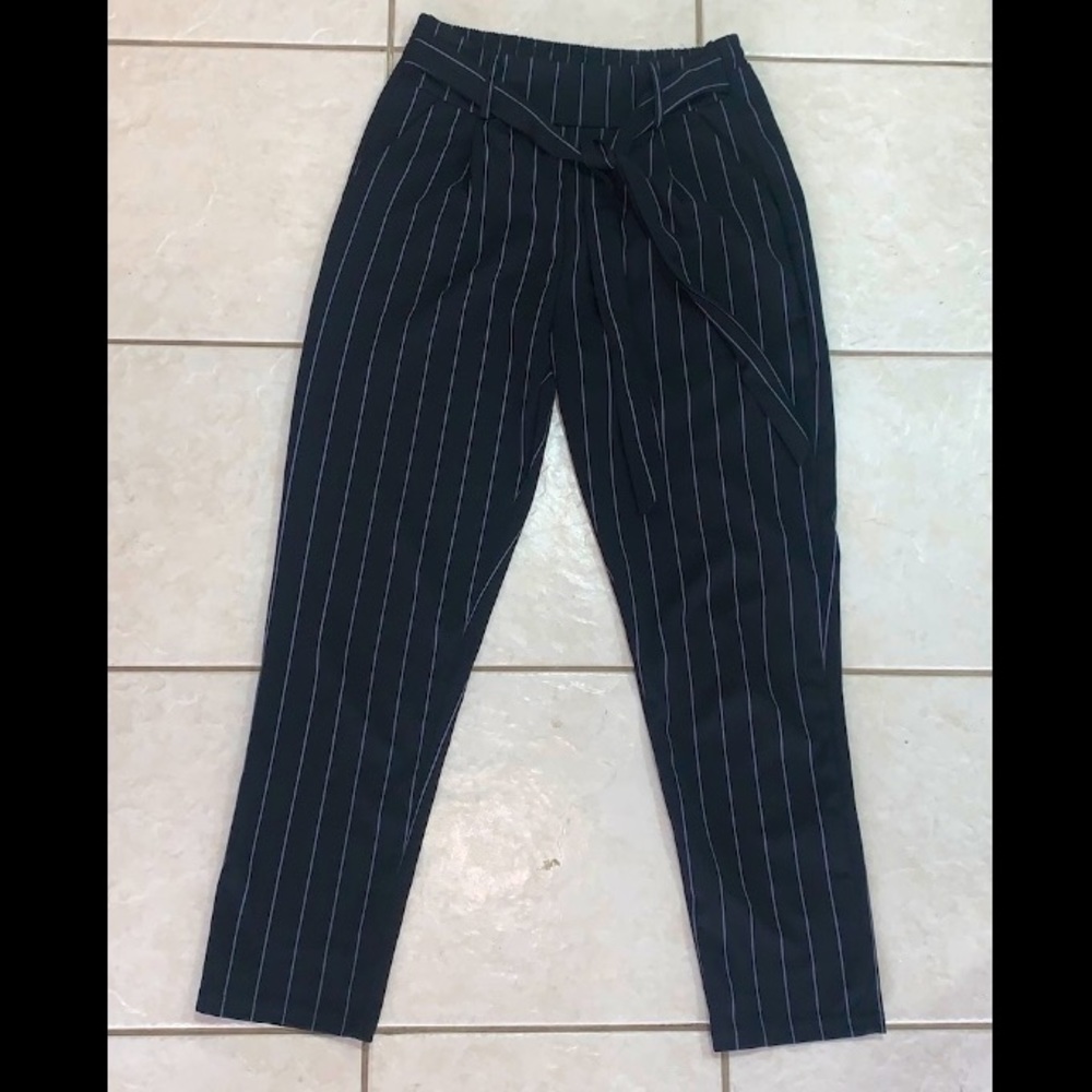 Black stripped dress pants with tie